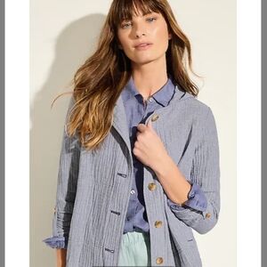 J. Jill Cotton - Gauze Blue Pinstripe Hooded Lightweight Jacket Size L Petite